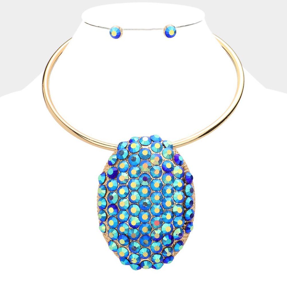 Blue and Gold Cluster Stone Necklace Set